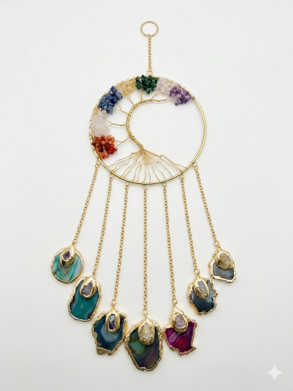 Handmade Gold-Tone Tree of Life Gemstone Hanging Pendant Wind Chime NWOT